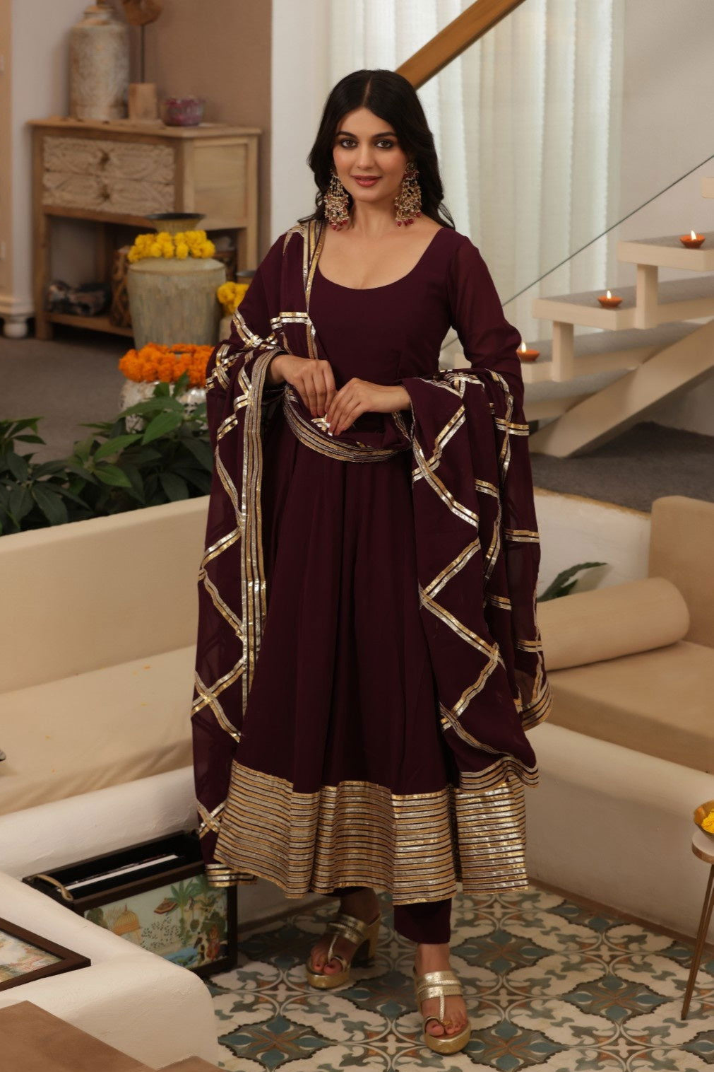 Zariq Burgundy Georgette Anarkali Suit Set