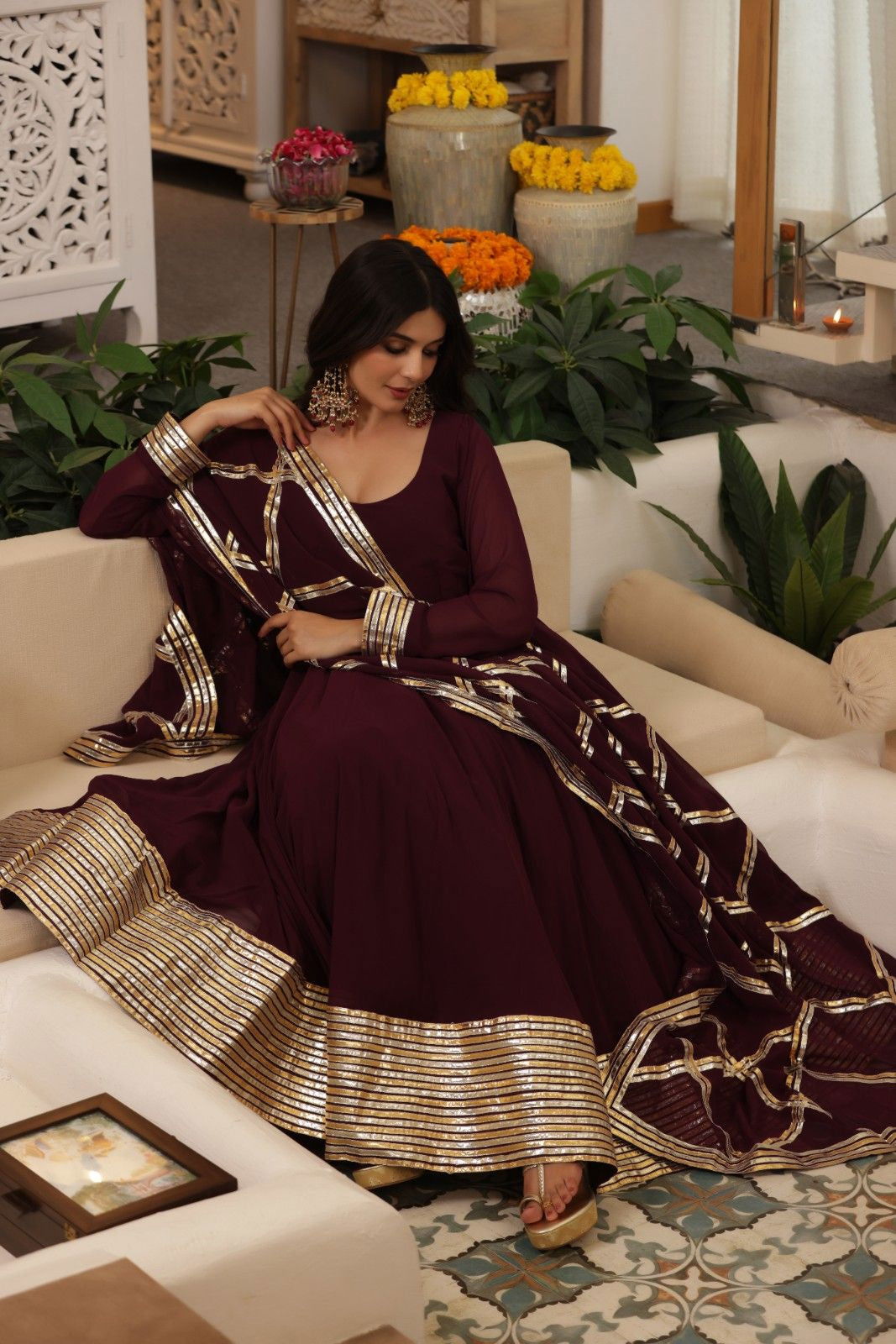 Zariq Burgundy Georgette Anarkali Suit Set