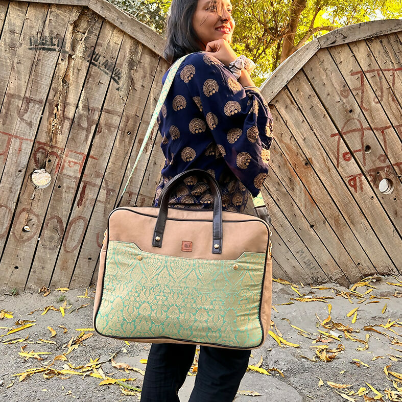 Teal Green Banarasi 14 Inches Laptop Bag