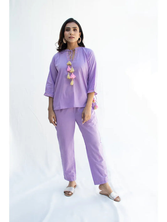 Aminaaha Lavender Cotton Coord Set with Katha Embroidery