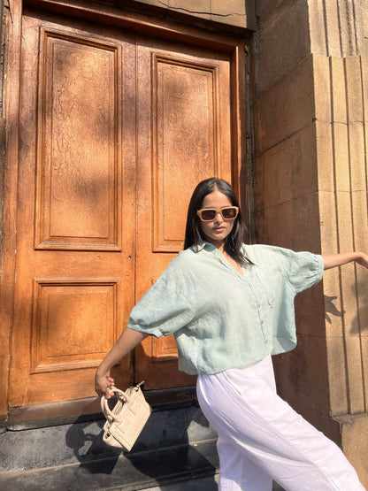 Sage Green Cropped Linen Blend Blouse