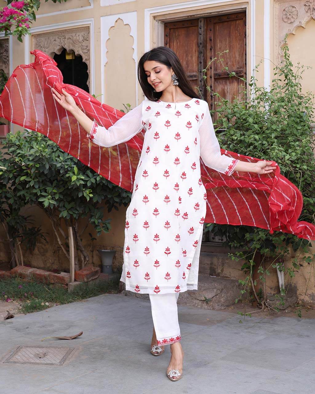 White Red Kota Doria Suit With Leheriya Dupatta