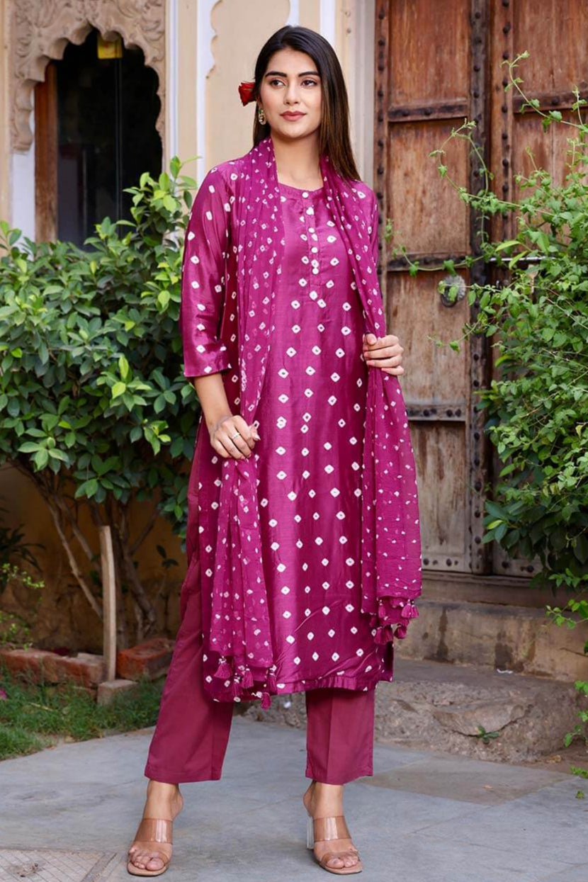 Magenta Cotton Silk Bandhej Suit Set