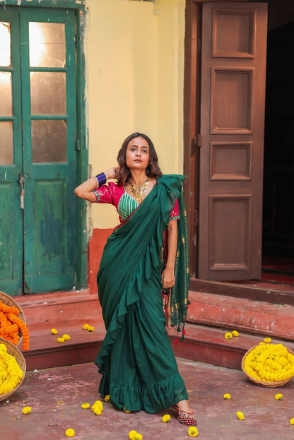 Green Ruffle Cotton Saree
