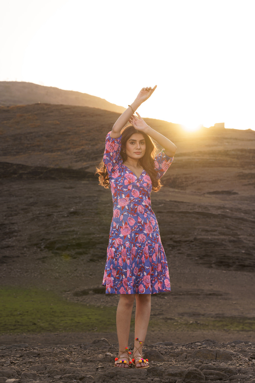 Alizeh Purple Floral Cotton Block Print Shift Dress