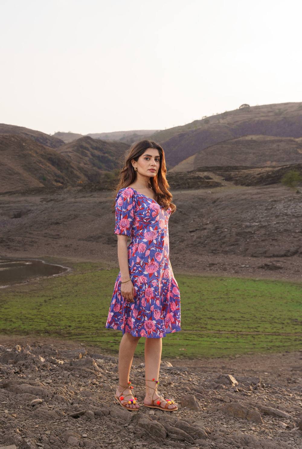 Alizeh Purple Floral Cotton Block Print Shift Dress