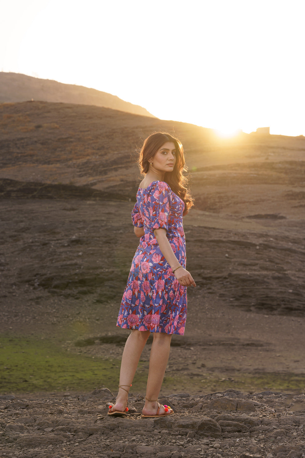 Alizeh Purple Floral Cotton Block Print Shift Dress