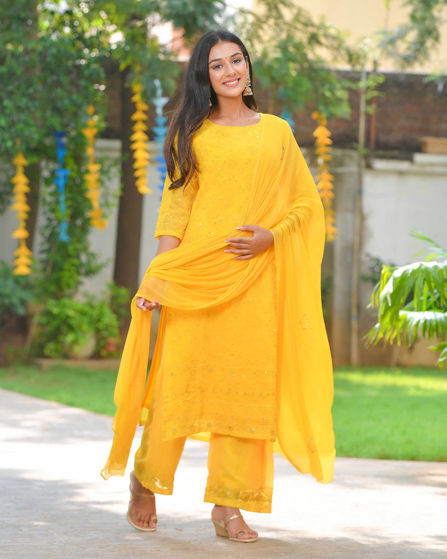 Yellow Georgette Suit Set With Embroidery