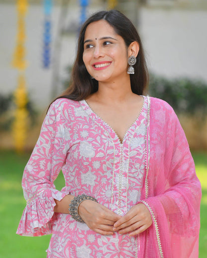 Pink Handblock Suit Set With Kota Doria Dupatta