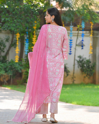 Pink Handblock Suit Set With Kota Doria Dupatta