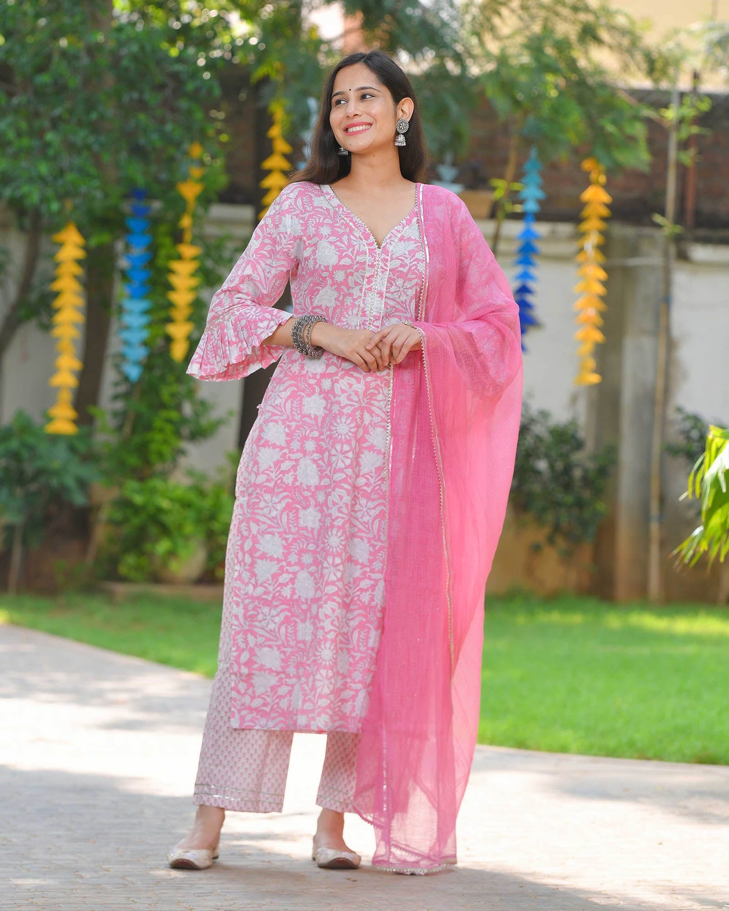 Pink Handblock Suit Set With Kota Doria Dupatta