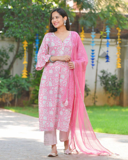 Pink Handblock Suit Set With Kota Doria Dupatta