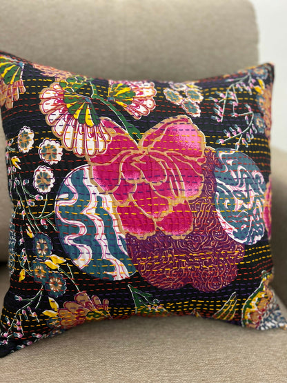 Kantha Cushion Cover Black Pink Flowers (Set of 2)