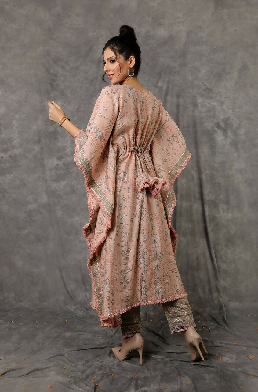 Green/Peach Kaftan Set With Embroidered Pants