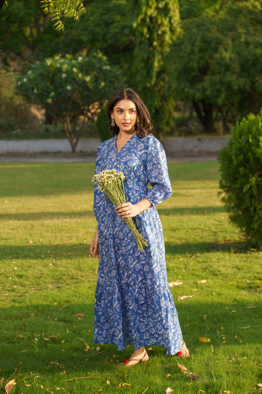 Gulbahar Blue Cotton Hand Block Print Maxi Dress