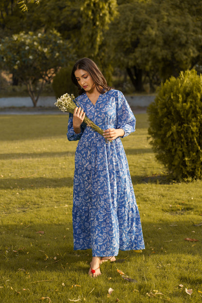 Gulbahar Blue Cotton Hand Block Print Maxi Dress