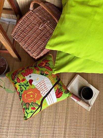 'Harit' and Cockatoo Green Cushion Cover