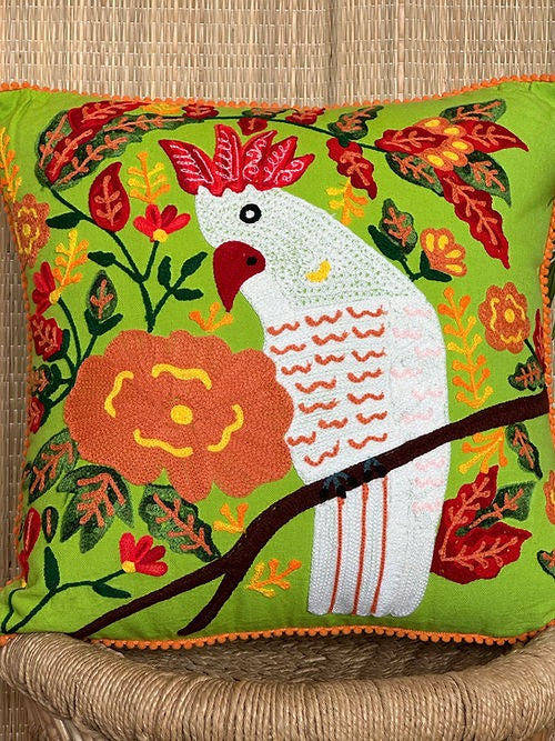 'Harit' and Cockatoo Green Cushion Cover