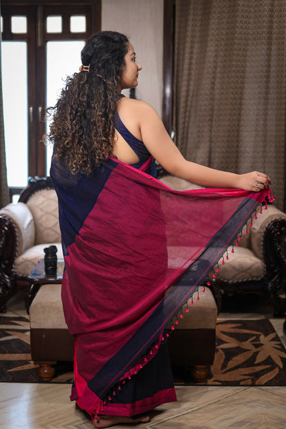 Navy & Pink Handwoven Mulmul Cotton Saree