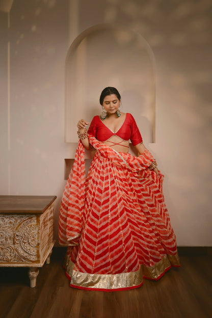 Red Shloka Leheriya Lehenga