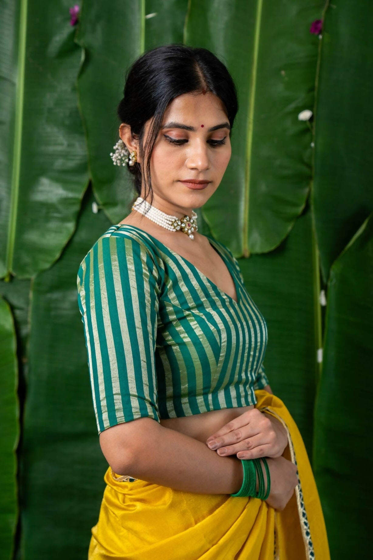 Ishya Green Chanderi Striped Elbow Sleeve Blouse with V neck