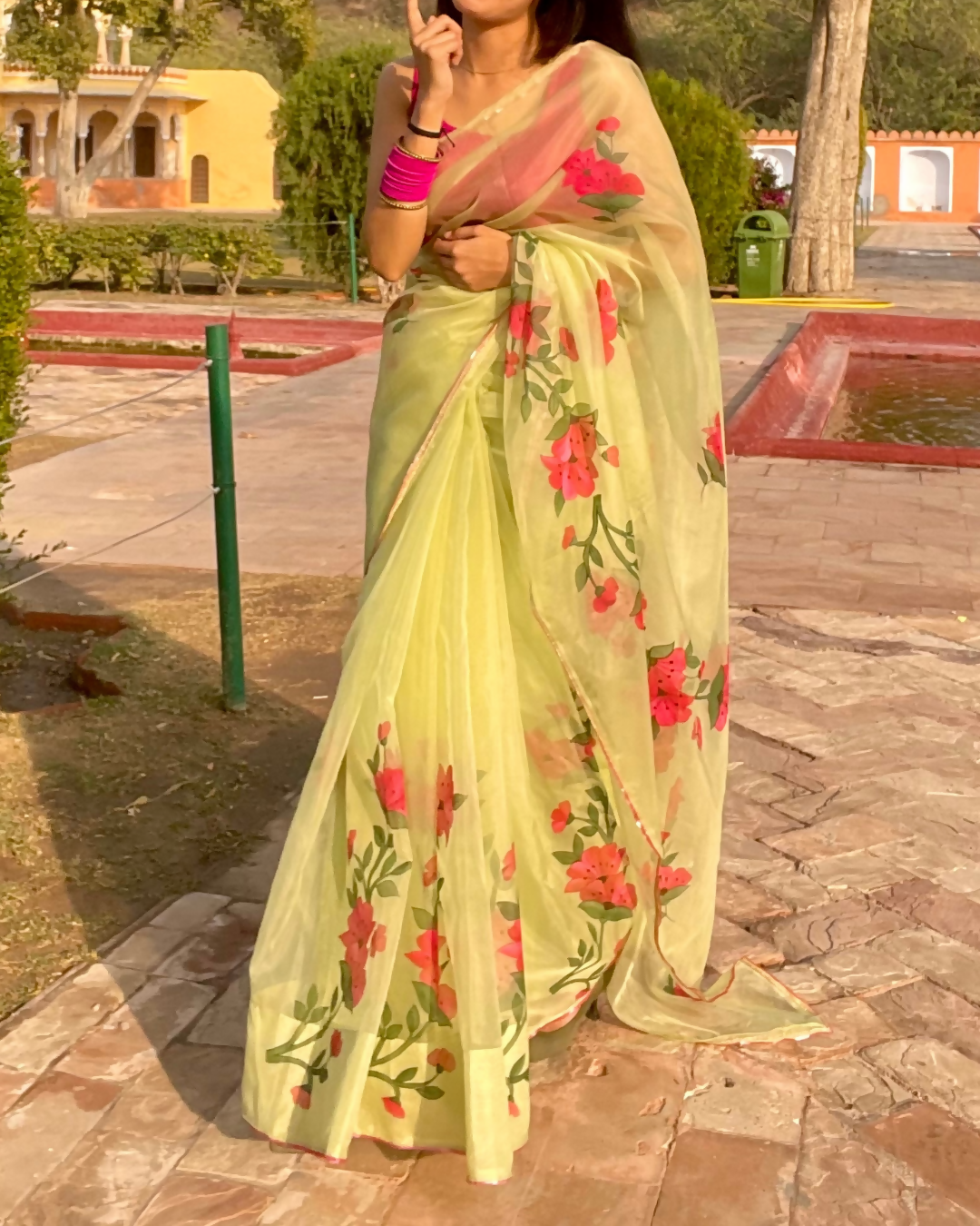 pistachio 'nazaara' hand-painted saree (5)