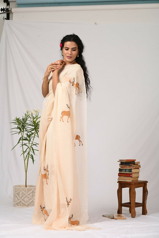 Beige Organza Reindeer Saree