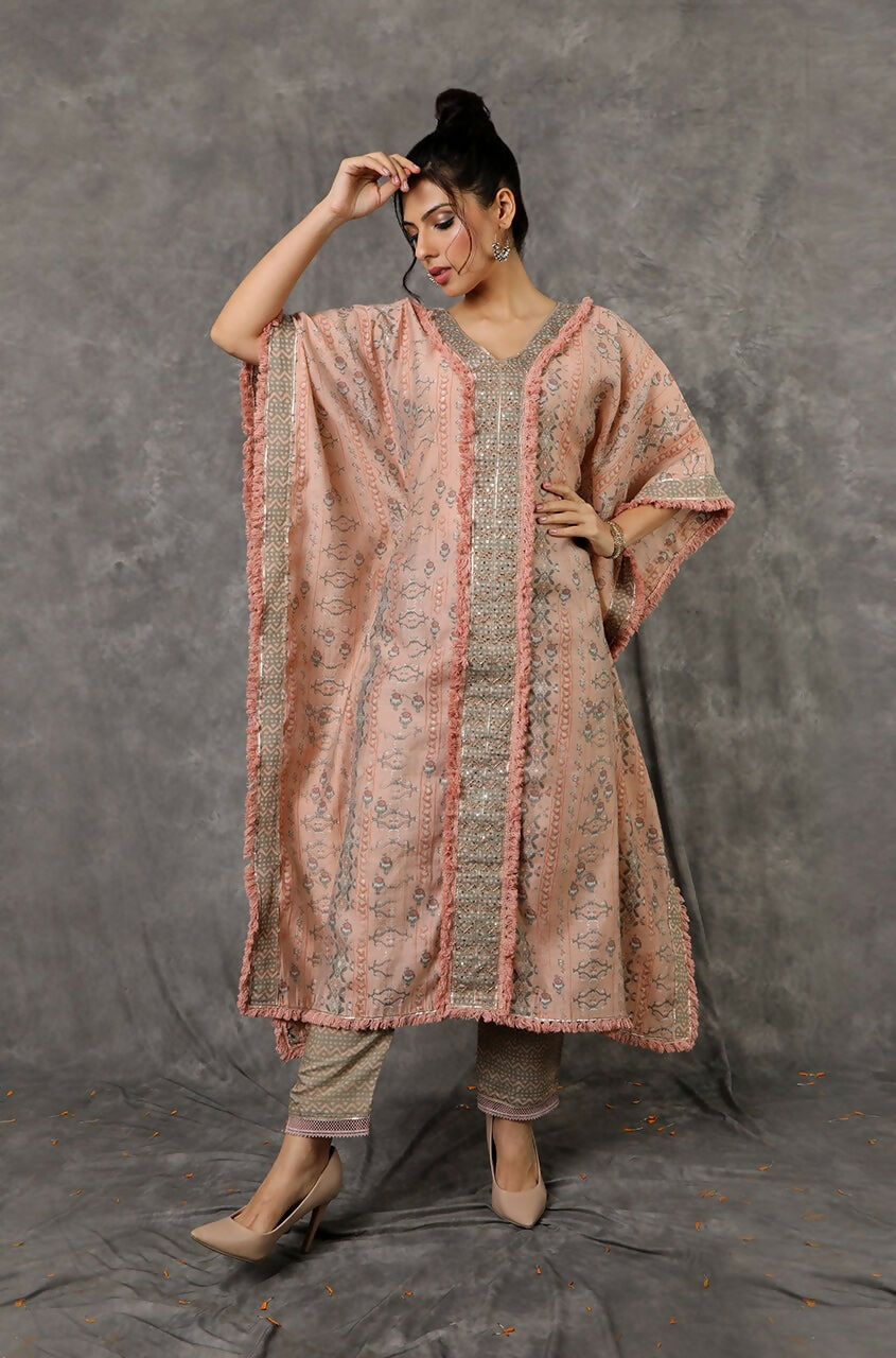 Green/Peach Kaftan Set With Embroidered Pants