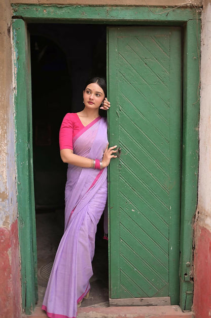 Pink Border Handwoven Mulmul Cotton Saree