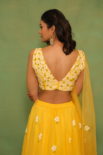 Yellow Mogra Handpainted Lehenga