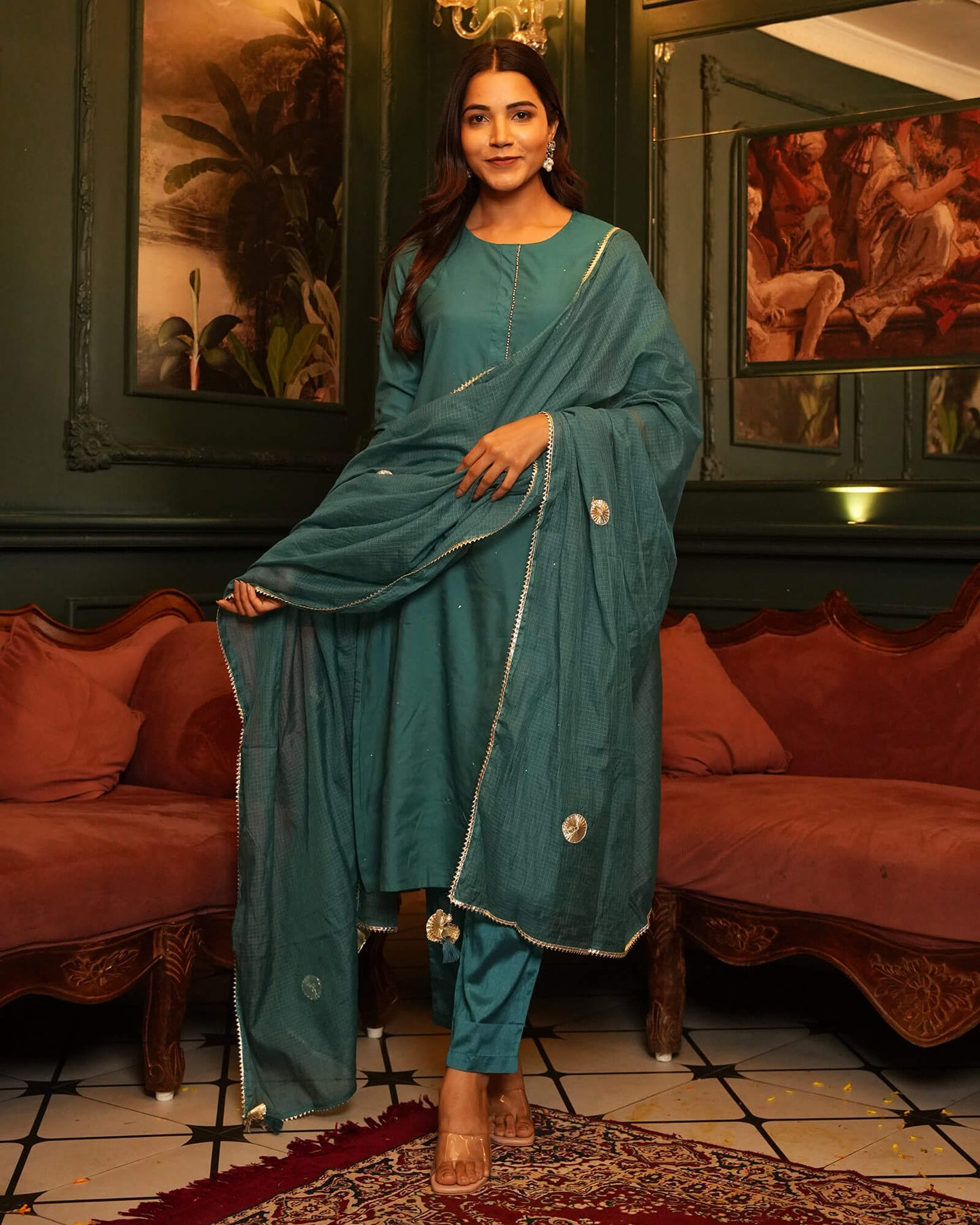 Teal Blue Chanderi Suit Set