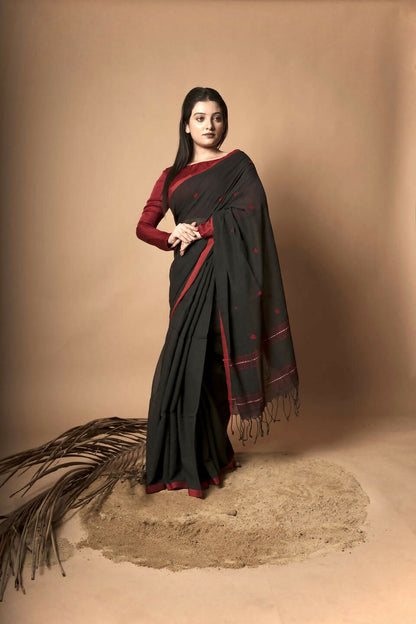 Nocturne I Black Cotton Saree With Red Heart Motifs