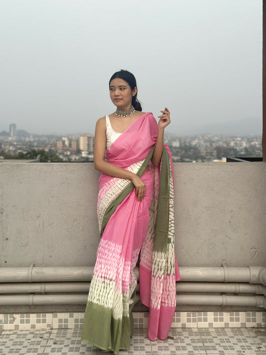 Gulabi Ishq Tie & Dye Shibori Print Natural Dyed Mulmul Cotton Saree