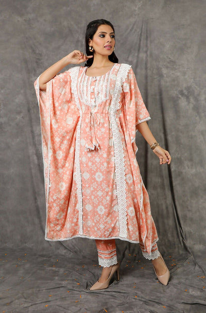 Yellow/Peach Long Kaftan Set with Embroidered Pants