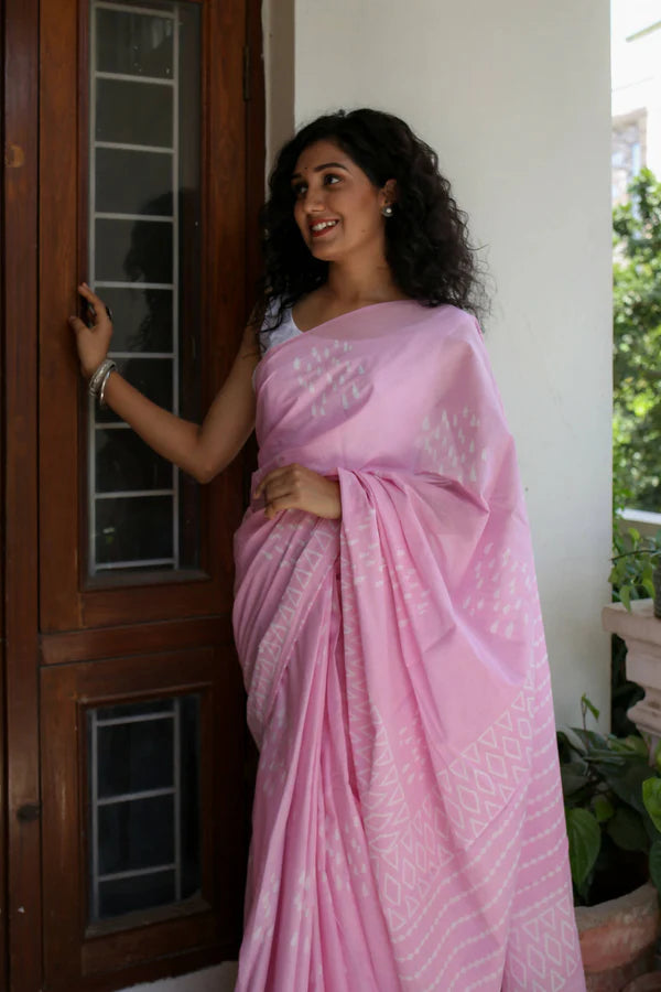 Drizzle in Backyard - Hand Block Print Mulmul Cotton Bagru Saree