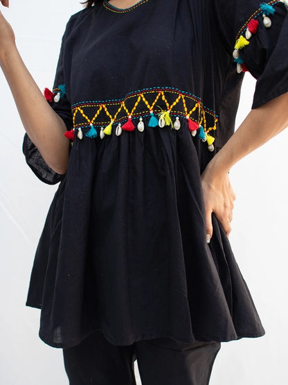 Nyah Black Cotton Coord Set with Katha Embroidery