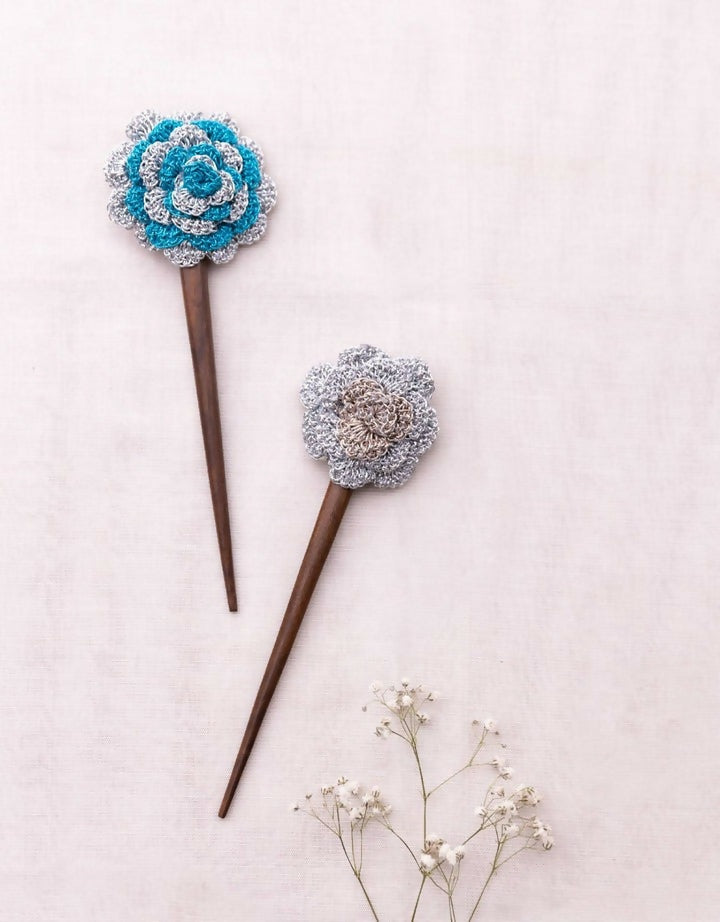 Metallic Rose Crochet Hair Stick (Pair)