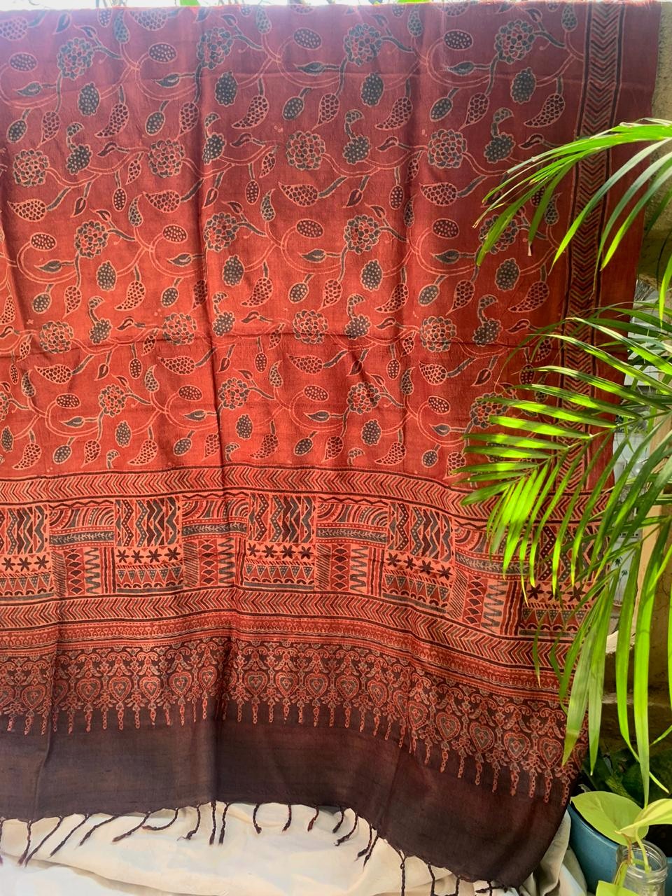 Madder Red Ajrakh Tussar Silk Dupatta