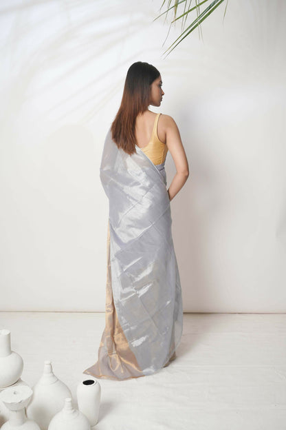 Alankrita | Slate Blue And Gold Handloom Tissue Saree