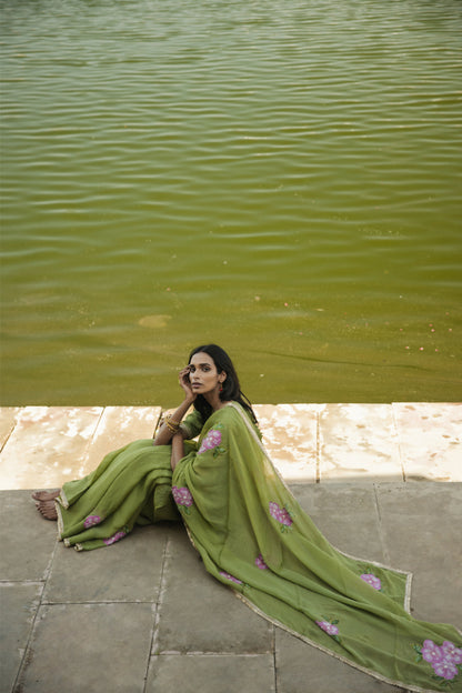 Leela Olive Green Organza Handpainted Saree