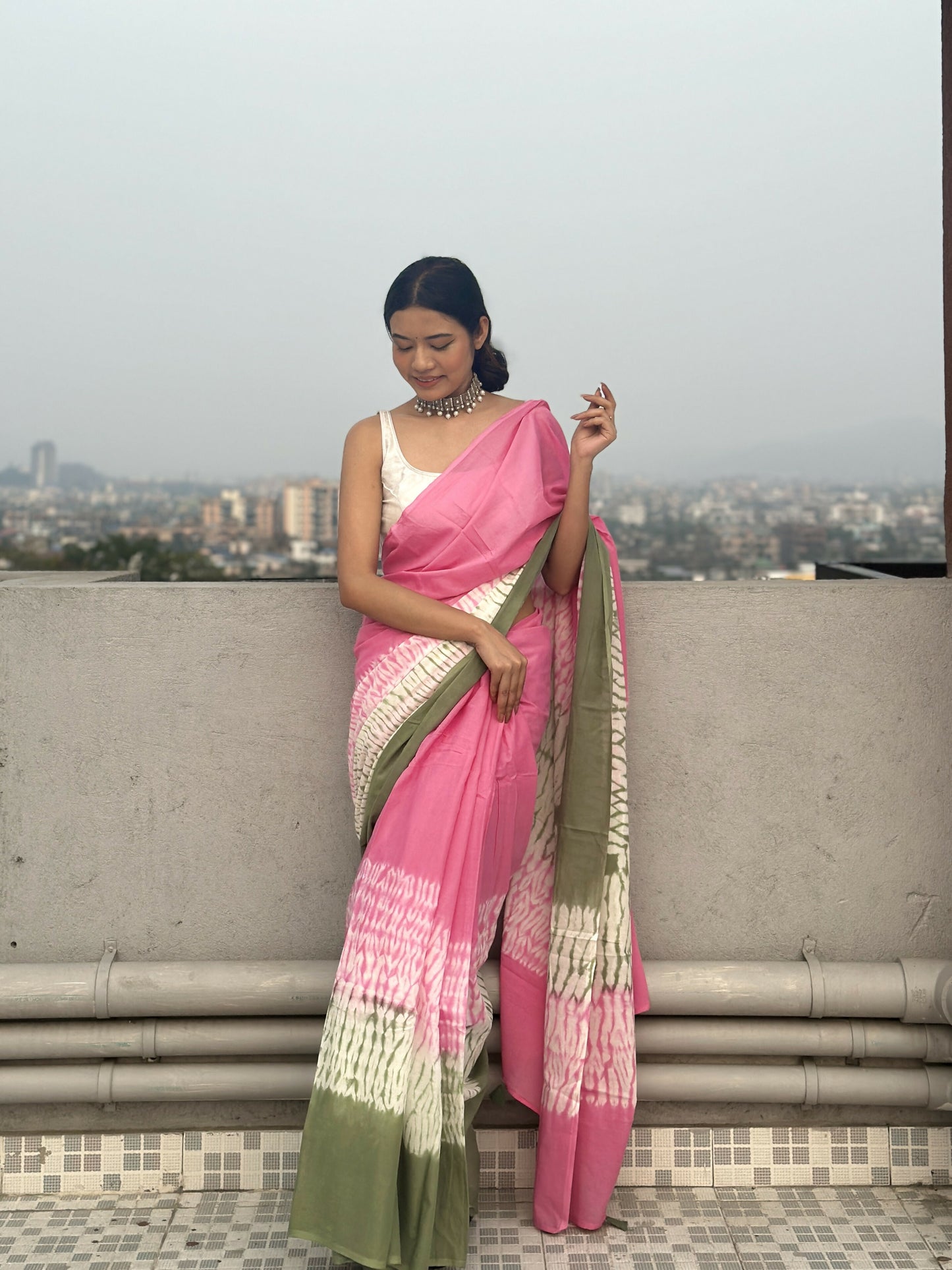 Gulabi Ishq Tie & Dye Shibori Print Natural Dyed Mulmul Cotton Saree