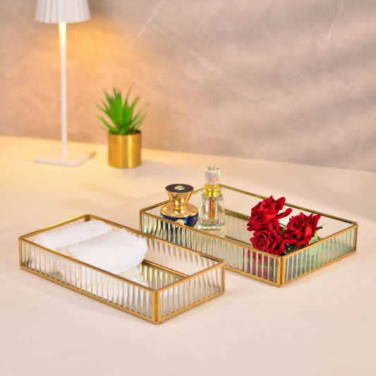 Set of 2 Fluted Glass Multipurpose Tray- Large & Small