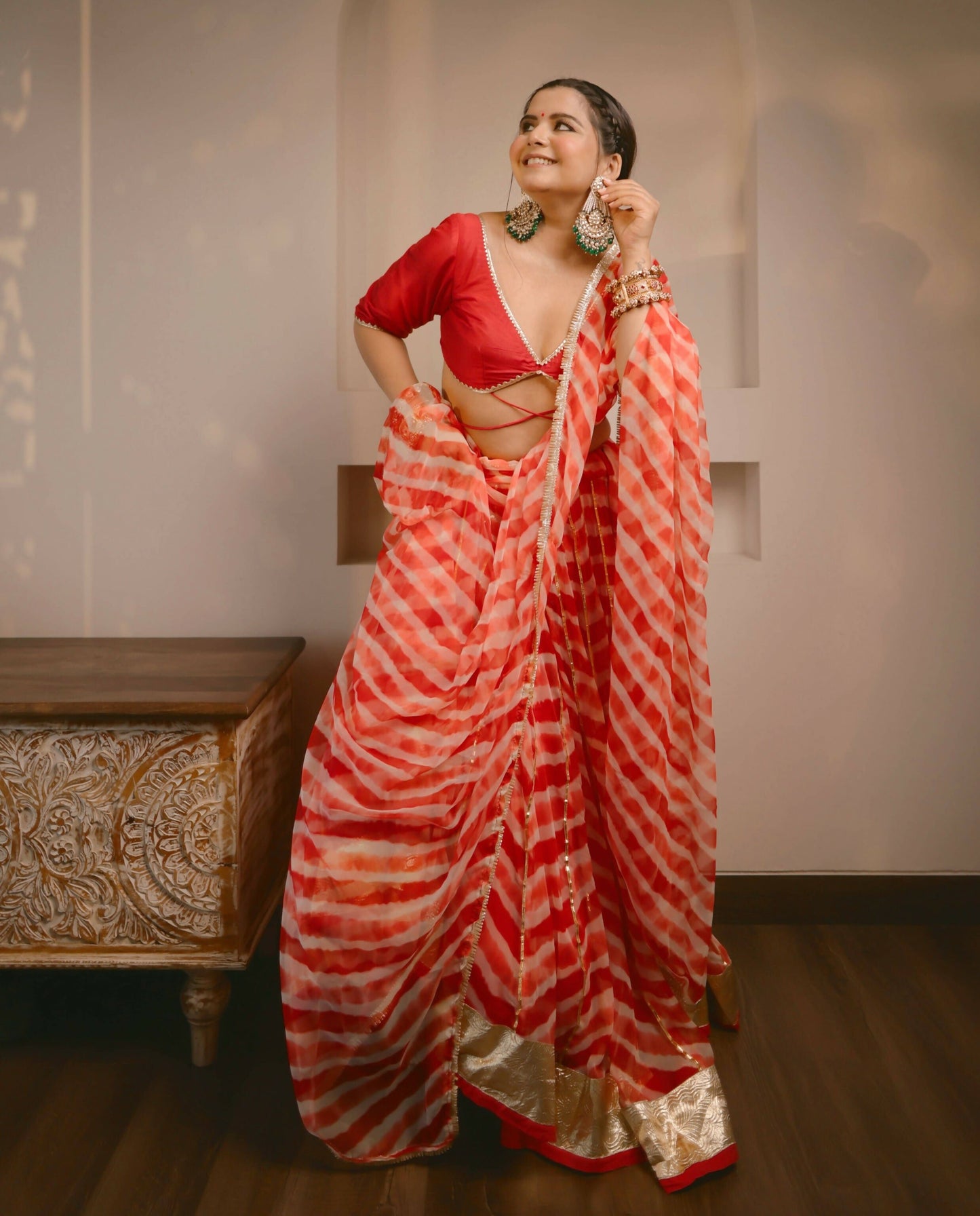 Red Shloka Leheriya Lehenga