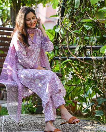 Purple Handblock Suit Set With Lacework