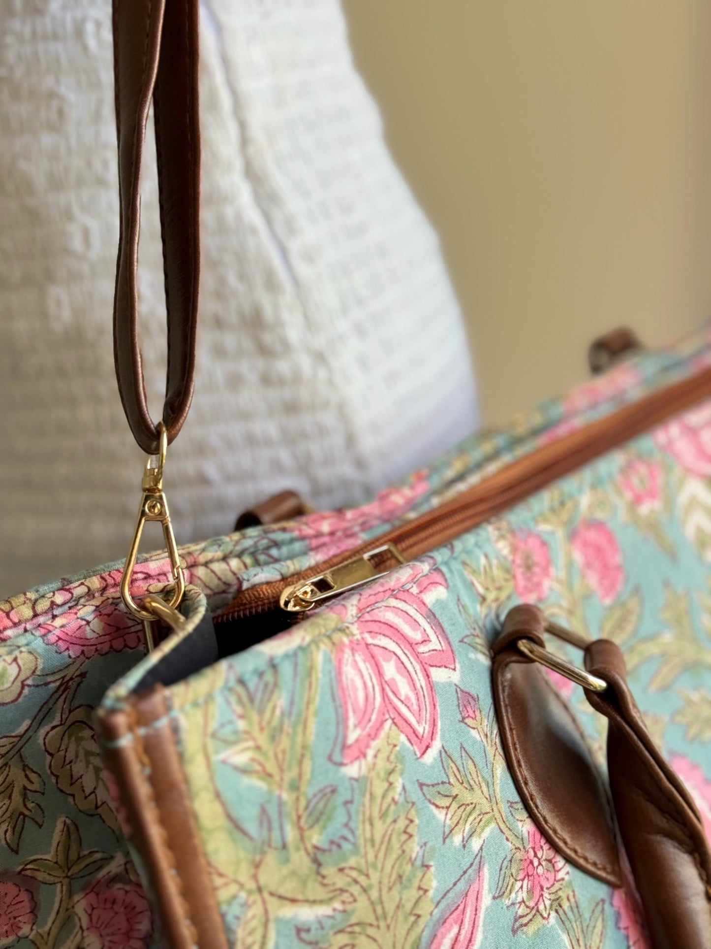 Green and Pink Lea Handblock Printed Tote Bag