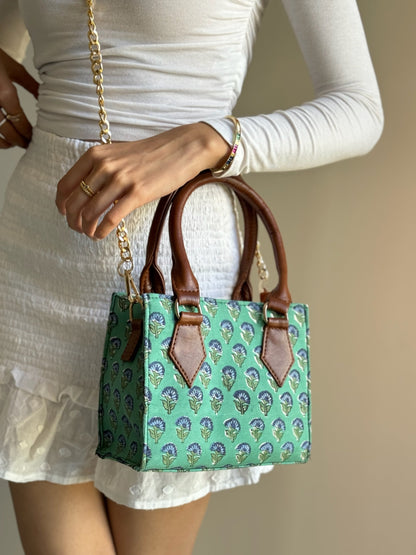 Mini Green Handblock Printed Tote Sling Bag