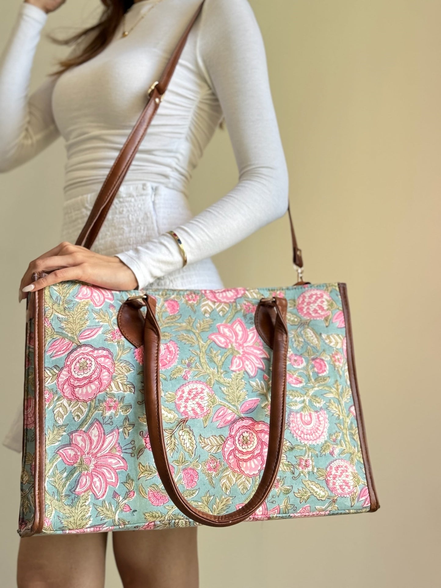 Green and Pink Lea Handblock Printed Tote Bag