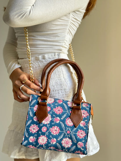 Mini Blue and Pink Handblock Printed Tote Sling Bag