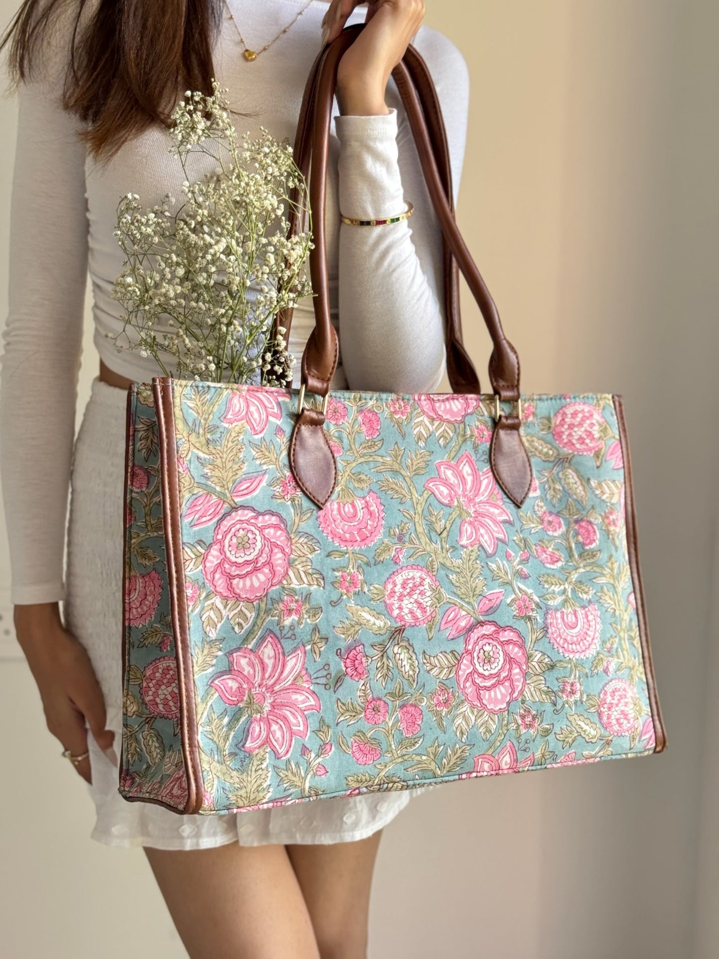 Green and Pink Lea Handblock Printed Tote Bag