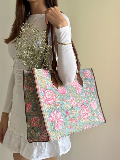 Green and Pink Lea Handblock Printed Tote Bag